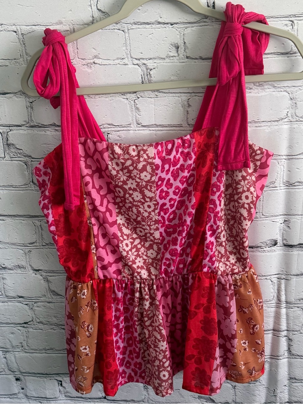 Women's Pink Patchwork Tie-Shoulder Sleeveless Top